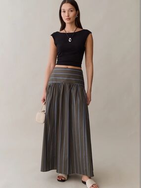 Few Moda Striped Olive Maxi Skirt with Blue Pinstripes